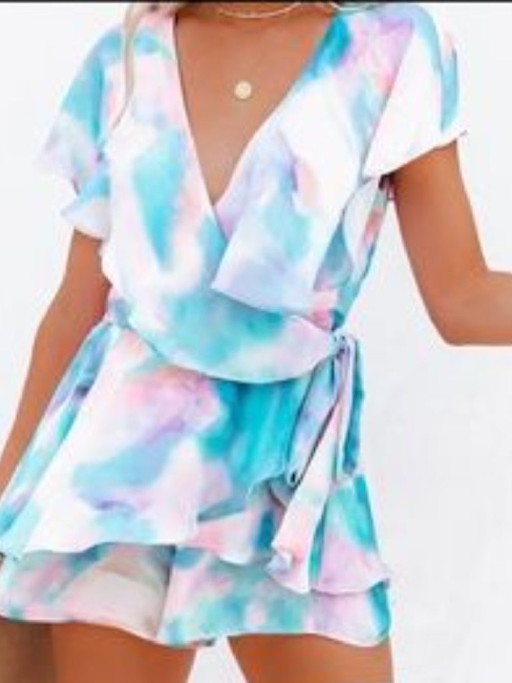 Women's Aqua Tie-Dye Wrap Romper with Ruffle Hem